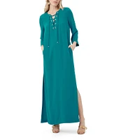 Trina Turk Catamaran Double Georgette V-Neck 3/4 Sleeve Grommet Lace-Up Shift Dress