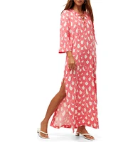 Trina Turk Catamaran Drape Print Lace-Up V-Neck 3/4 Sleeve Maxi Dress