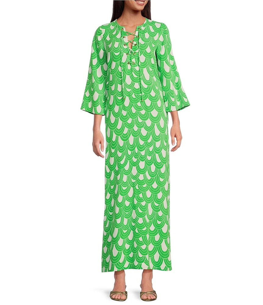 Trina Turk Catamaran Drape Print Lace-Up V-Neck 3/4 Sleeve Maxi Dress