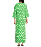 Trina Turk Catamaran Drape Print Lace-Up V-Neck 3/4 Sleeve Maxi Dress