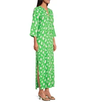 Trina Turk Catamaran Drape Print Lace-Up V-Neck 3/4 Sleeve Maxi Dress