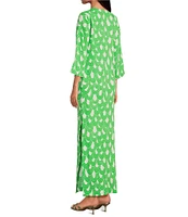 Trina Turk Catamaran Drape Print Lace-Up V-Neck 3/4 Sleeve Maxi Dress