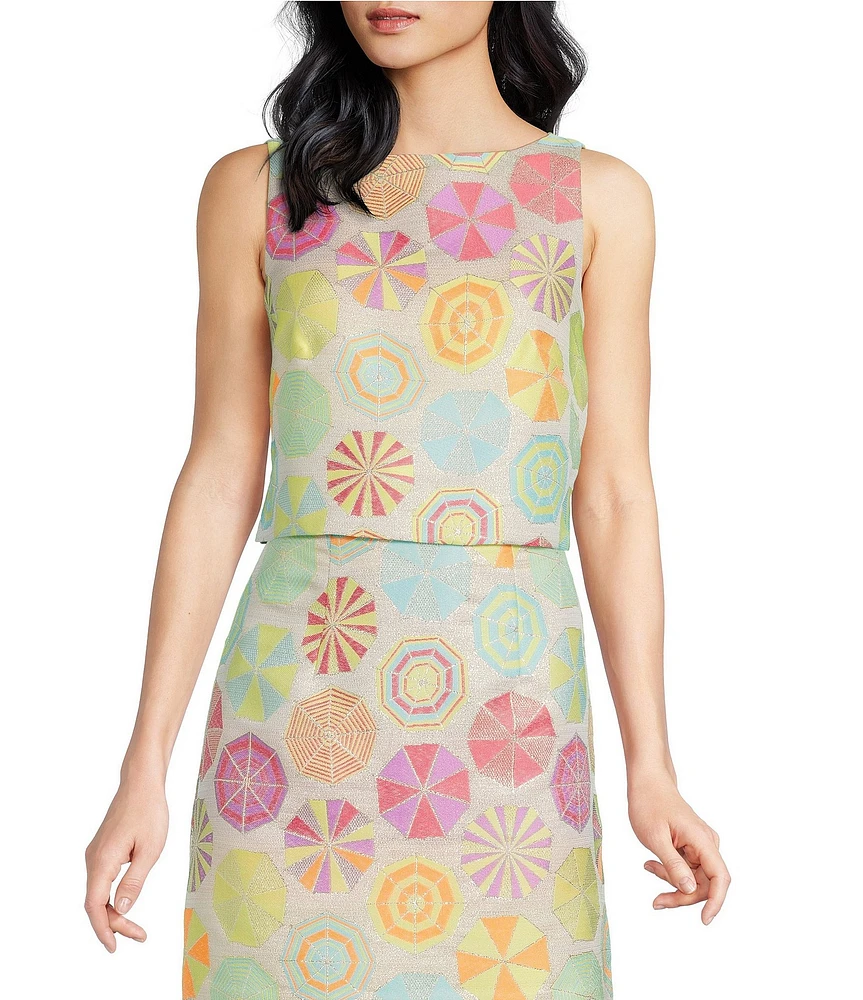 Trina Turk Cayley Jacquard Umbrella Print Boat Neck Sleeveless Coordinating Crop Top