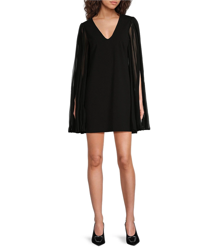 Trina Turk Celestina Crepe Knit V-Neck Long Split Sleeve Mini Dress