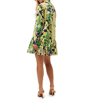 Trina Turk Championship Painted Cotton Split V-Neck Long Sleeve Dress
