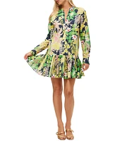 Trina Turk Championship Painted Cotton Split V-Neck Long Sleeve Dress
