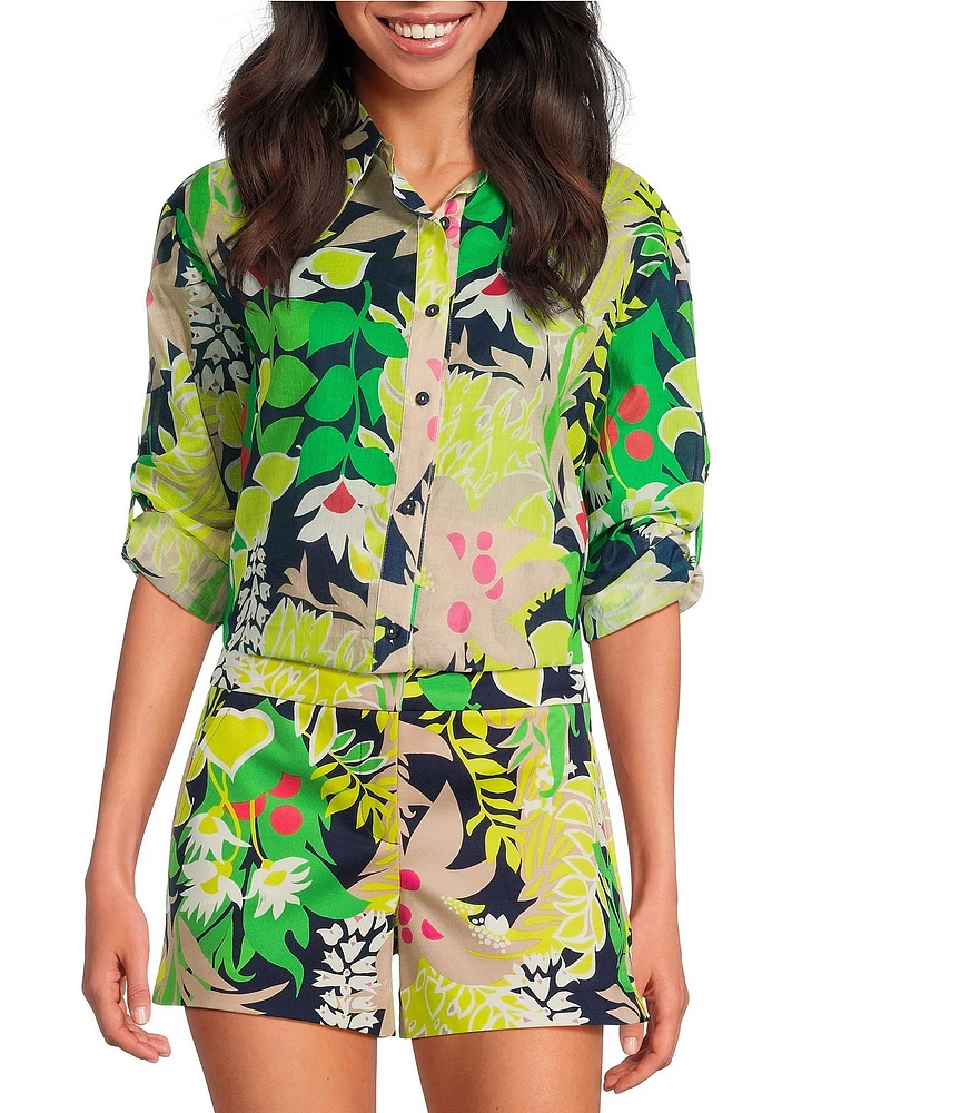 Trina Turk Coordinating Swing Tropical Printed Point Collar Elbow Sleeve Button Front Blouse