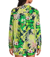 Trina Turk Coordinating Swing Tropical Printed Point Collar Elbow Sleeve Button Front Blouse