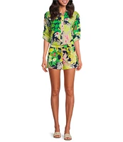 Trina Turk Coordinating Swing Tropical Printed Point Collar Elbow Sleeve Button Front Blouse