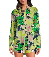 Trina Turk Coordinating Swing Tropical Printed Point Collar Elbow Sleeve Button Front Blouse