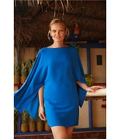 Trina Turk Daiquiri Silky Satin Back Crepe Boat Neck Long Cape Sleeve Shift Dress