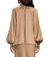 Trina Turk Daisha Hammered Satin Split V-Neck Long Blouson Sleeve Sash Tie Top