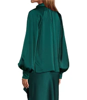 Trina Turk Daisha Hammered Satin Split V-Neck Long Blouson Sleeve Sash Tie Top