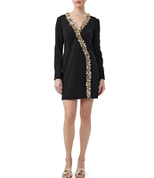 Trina Turk Darliah Luxe Drape Suiting V-Neck Long Sleeve Beaded Sequin Mini Dress