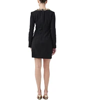 Trina Turk Darliah Luxe Drape Suiting V-Neck Long Sleeve Beaded Sequin Mini Dress