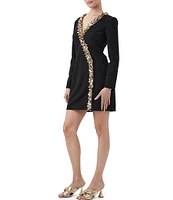 Trina Turk Darliah Luxe Drape Suiting V-Neck Long Sleeve Beaded Sequin Mini Dress