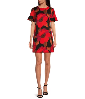 Trina Turk Darling Floral Print Round Neck Ruffle Sleeve Shift Dress