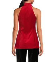 Trina Turk Elainia Velveteen Point Collar Halter Neck Button Front Top