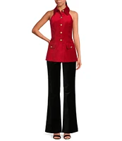 Trina Turk Elainia Velveteen Point Collar Halter Neck Button Front Top