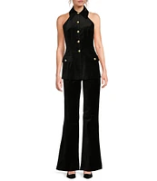 Trina Turk Elainia Velveteen Point Collar Halter Neck Button Front Top