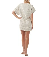 Trina Turk Elisabetta Saint Maxime Linen Blend Sequin Pattern V-Neck Short Sleeve Dress