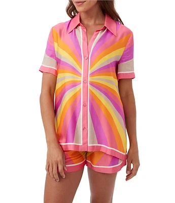 Trina Turk Ember Multi Print Point Collar Button Front Short Sleeve Coordinating Top