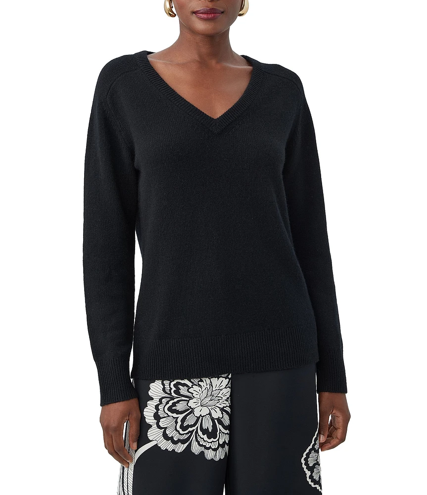 Trina Turk Evangeline Cashmere V-Neck Long Sleeve Ribbed Trim Sweater