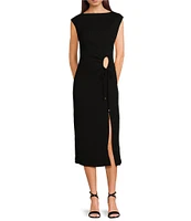 Trina Turk Evelyn Plisse Boat Neck Cap Sleeve Ruched Midi Sheath Dress