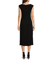 Trina Turk Evelyn Plisse Boat Neck Cap Sleeve Ruched Midi Sheath Dress