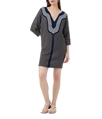 Trina Turk Gallivant Printed Rib Knit Deep V-Neck 3/4 Sleeve Sweater Dress