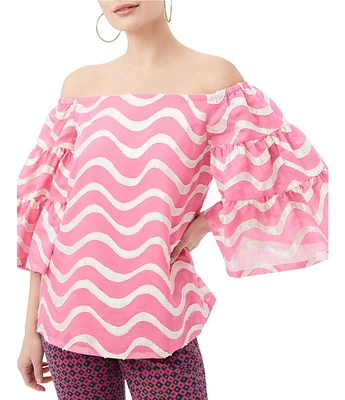 Trina Turk Garnish Printed Off-The-Shoulder 3/4 Bell Sleeve Top
