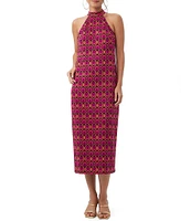 Trina Turk Giri Knit Jacquard Torch Abstract Print Mock Neck Sleeveless Midi Sheath Dress