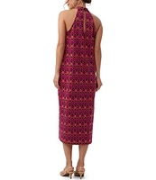 Trina Turk Giri Knit Jacquard Torch Abstract Print Mock Neck Sleeveless Midi Sheath Dress