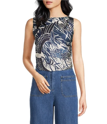 Trina Turk Hakuto Printed Satin Boat Neck Sleeveless Tie Back Top
