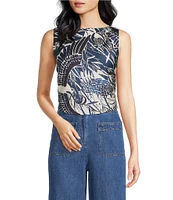 Trina Turk Hakuto Printed Satin Boat Neck Sleeveless Tie Back Top