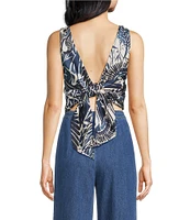 Trina Turk Hakuto Printed Satin Boat Neck Sleeveless Tie Back Top