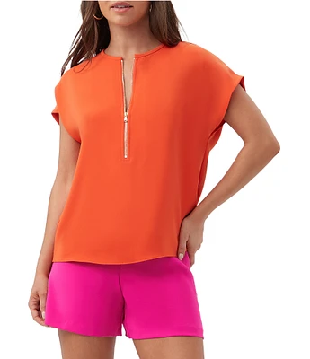 Trina Turk Hasil Georgette Zip Round Neck Short Sleeve Blouse