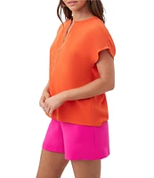 Trina Turk Hasil Georgette Zip Round Neck Short Sleeve Blouse
