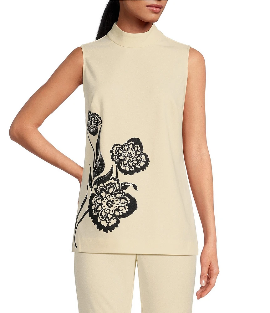 Trina Turk Isha 2 Crepe Knit Embroidered Floral Mock Neck Sleeveless Top