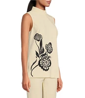 Trina Turk Isha 2 Crepe Knit Embroidered Floral Mock Neck Sleeveless Top