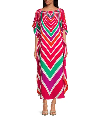 Trina Turk Jalani Printed Boat Neck Elbow Sleeve Caftan Maxi Dress
