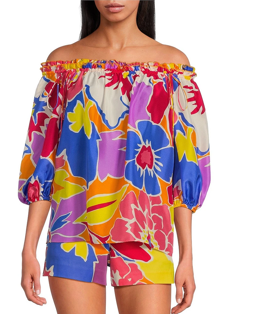Trina Turk Jambies Soie Paradise Floral Print Off-The-Shoulder Elbow Sleeve Coordinating Top