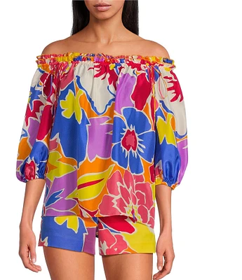 Trina Turk Jambies Soie Paradise Floral Print Off-The-Shoulder Elbow Sleeve Coordinating Top