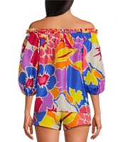 Trina Turk Jambies Soie Paradise Floral Print Off-The-Shoulder Elbow Sleeve Coordinating Top