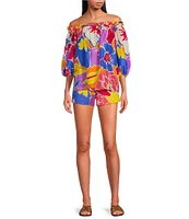 Trina Turk Jambies Soie Paradise Floral Print Off-The-Shoulder Elbow Sleeve Coordinating Top