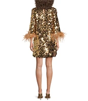 Trina Turk Juliet Petal Paillettes Round Neck 3/4 Sleeve Feather Cuff Dress