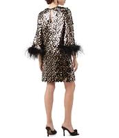 Trina Turk Juliet Petal Paillettes Round Neck 3/4 Sleeve Feather Cuff Dress