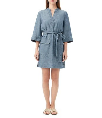 Trina Turk Kahiki Chambray Split V-Neck 3/4 Wide Sleeve Belted Shirt Dress