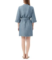 Trina Turk Kahiki Chambray Split V-Neck 3/4 Wide Sleeve Belted Shirt Dress