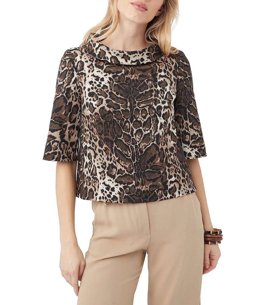 Trina Turk Kailee Jacquard Leopard Print Folded Boat Neck Short Sleeve Top